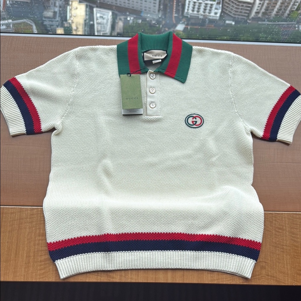 Gucci Knit Cotton Polo shirt with Web in ivory